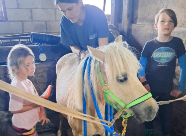 3 people caring for, and brushing a white pony